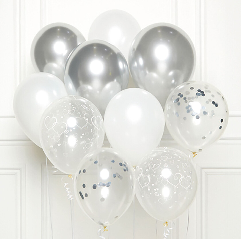 Ballongsett Sølv/Hvit Hjertemotiv