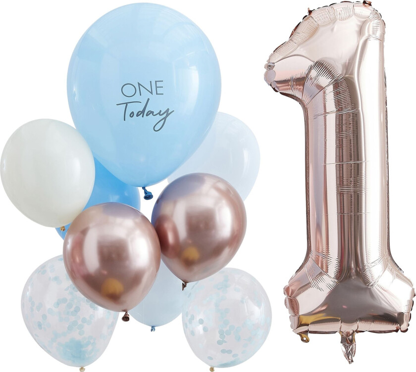 Ballongsett 1 År Blå/Roségull