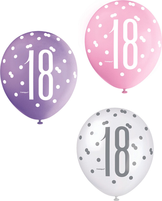 Lateksballonger 18 Rosa/Lilla/Hvit - 6-pakning