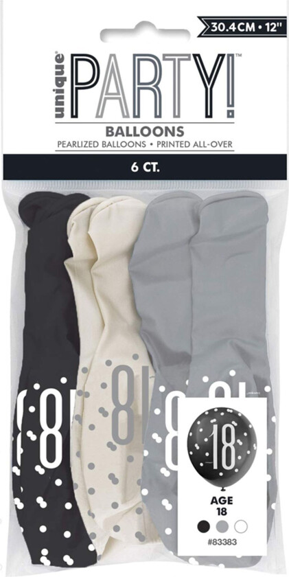 Lateksballonger 18 Svart/Grå/Hvit 18 - 6-pakning
