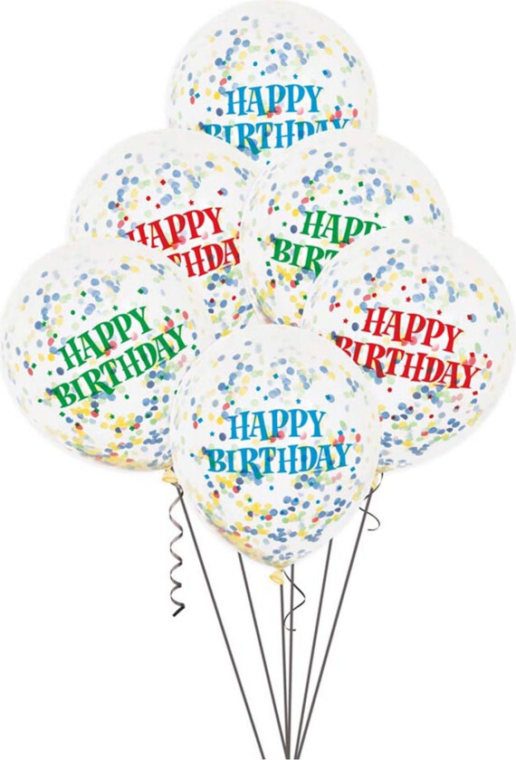 Konfettiballonger Happy Birthday Blå - 6-pakning