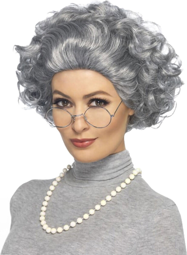 Gammel Dame Parykksett Grå - One size