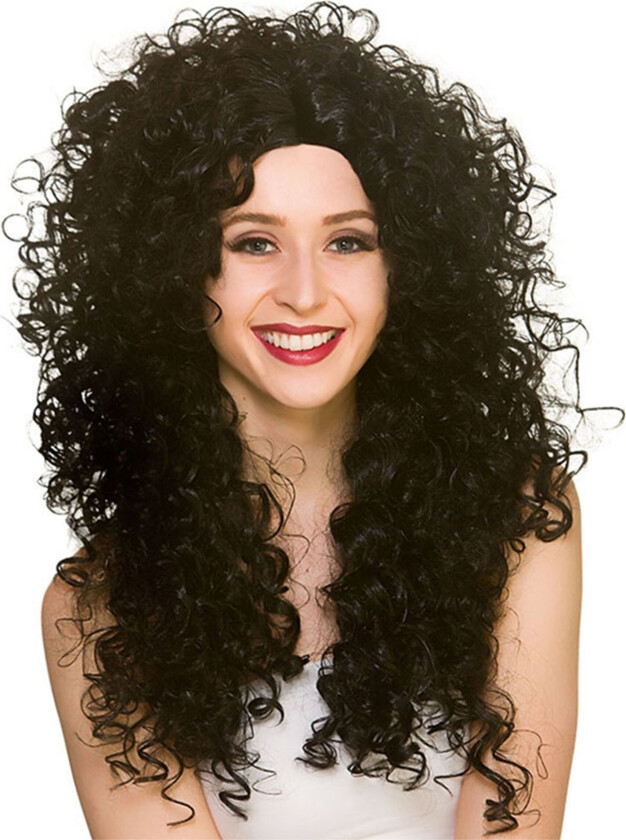 80-tals Lang Krøllete Svart Parykk - One size