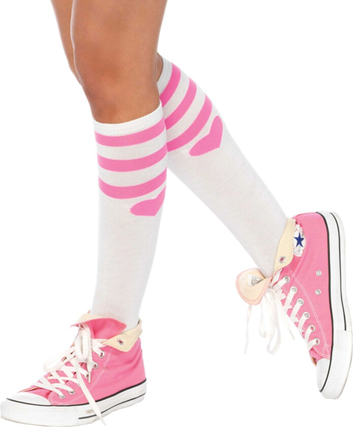 Knestrømper Hvit/Rosa med Hjerte Deluxe - One size