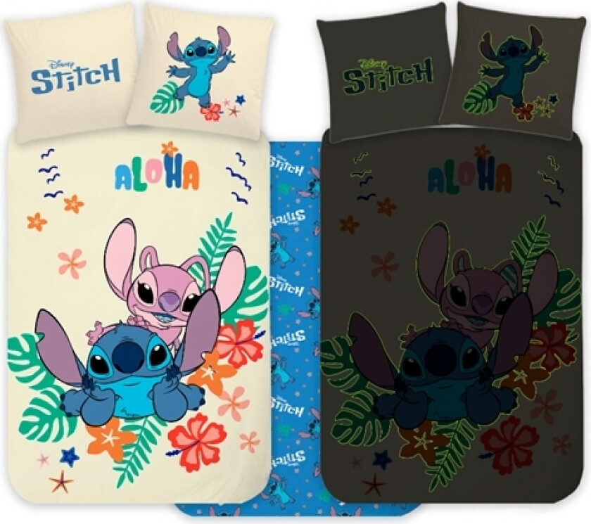 Stitch og Angel sengetøy - 100x140 cm - Lilo og Stitch sengesett - Selvlysende sengetøy i bomull