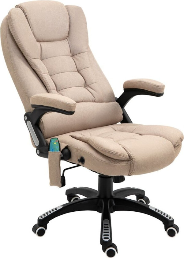 Kontorstol med vibrasjonsmassasje, ergonomisk skrivebordsstol med varme, liggefunksjon, høydejusterbar lederstol med fjernkontroll, sidelomme, linlook