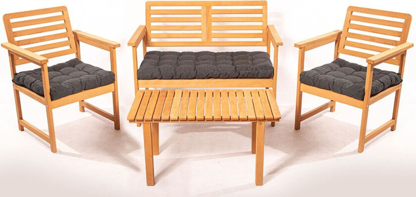 MYT01 utendørs loungesett, m. 2 stoler, 1 sofa, 1 bord og antracittgrå puter - naturlig tre