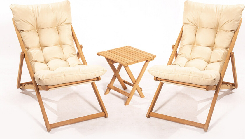 My005 loungesett med 1 hagebord og 2 solsenger - kremfarget pute og naturlig bøketre