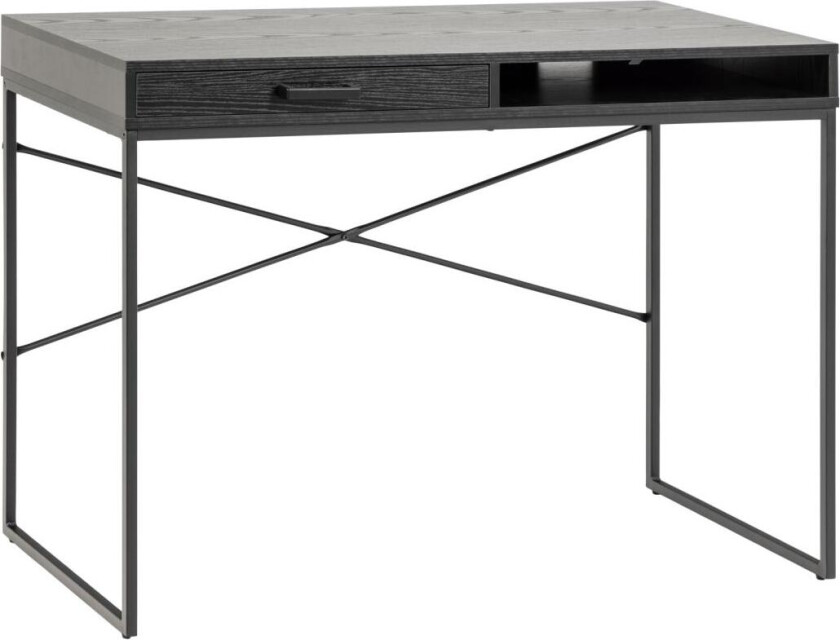 Bilde av ACT NORDIC Seaford skrivebord, m. 1 hylle og 1 skuff - svart ask grov melamin og svart stål (110x45)