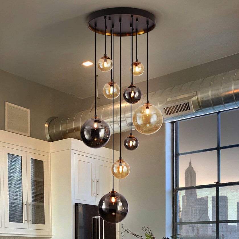 Mørk pendellampe, jern, glass, rav, smoke, Ø 55 cm