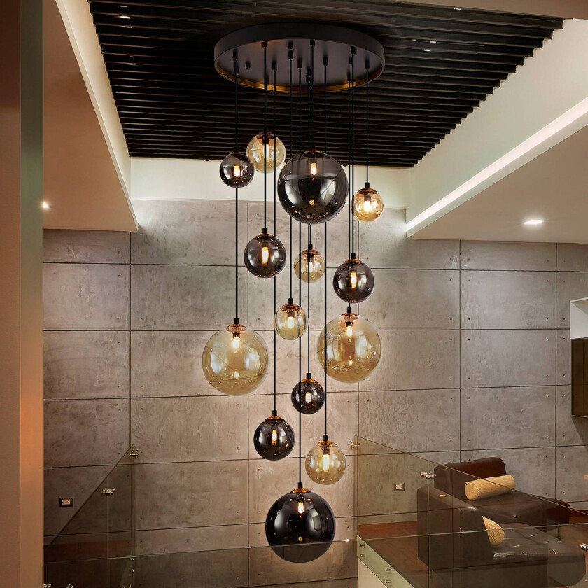 Mørk pendellampe, jern, glass, rav, smoke, Ø 60 cm