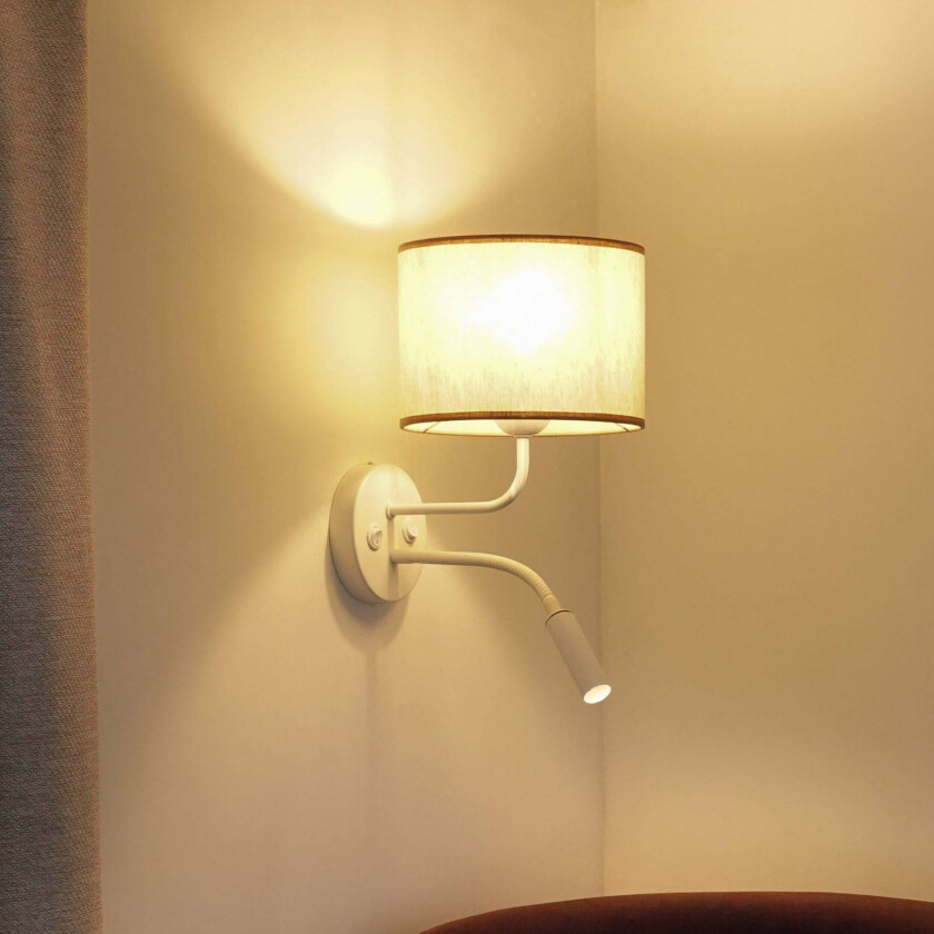 Vegglampe, råhvit bomull, hvit, med leselampe