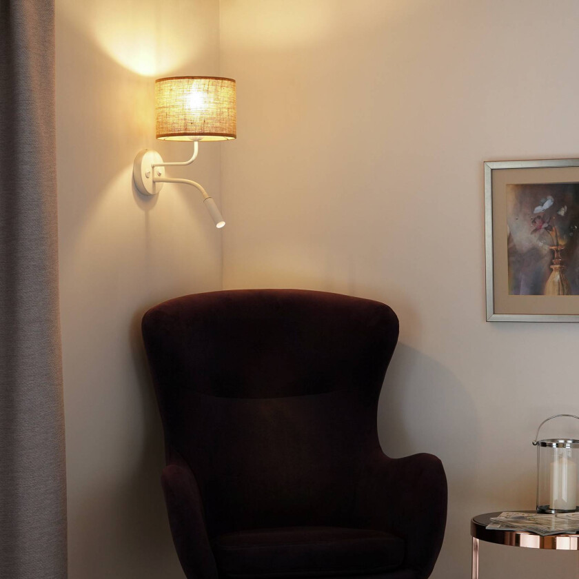 Vegglampe i jute, brun/hvit, stoff, leselampe