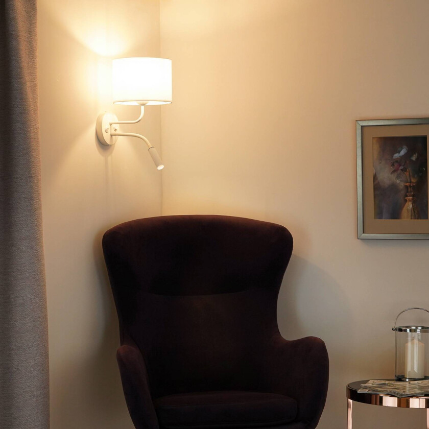 Vegglampe, hvit, stoff, leselampe