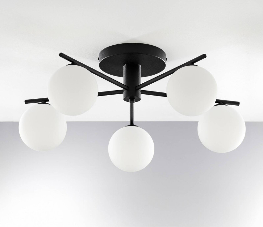 Prato taklampe, svart/hvit, glass, 5 lyskilder