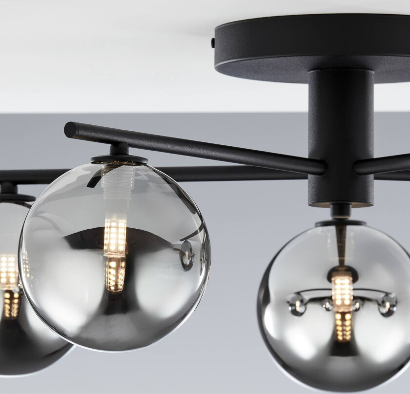 Prato taklampe, svart/røykgrå, glass, 5 lyskilder