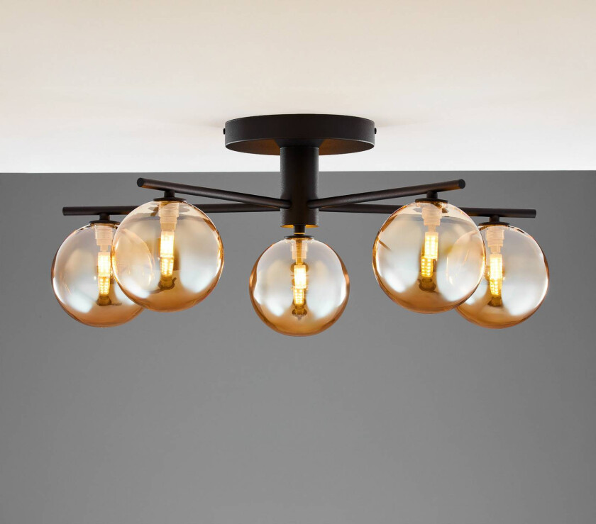 Prato taklampe, svart/amber, glass, 5 lyskilder