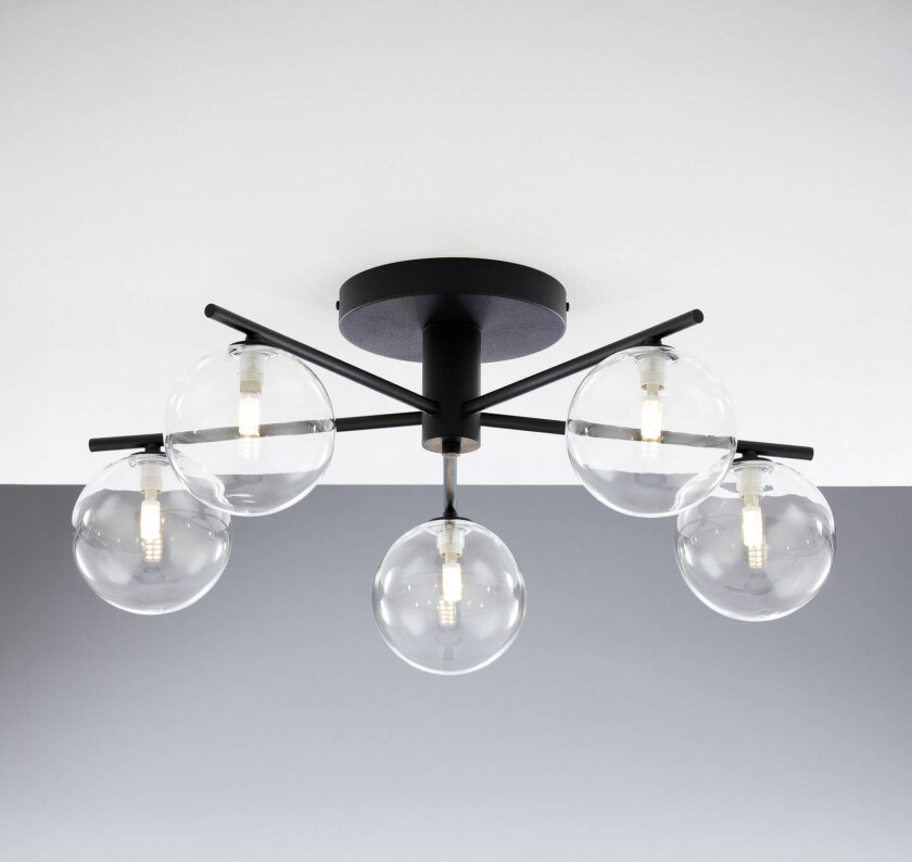 Prato taklampe, svart/klar, glass, 5 lyskilder