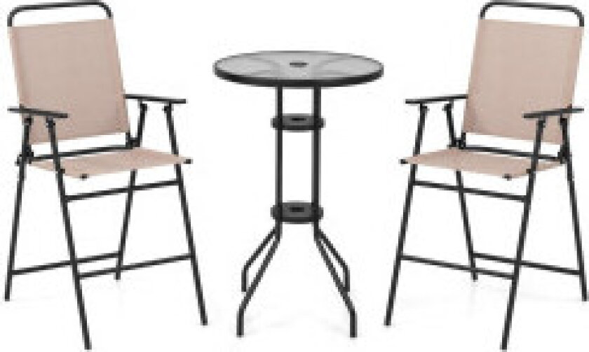 3-delt utendørs bistrosett, uteplass barbord med 2 sammenleggbare stoler og parasollhull, beige