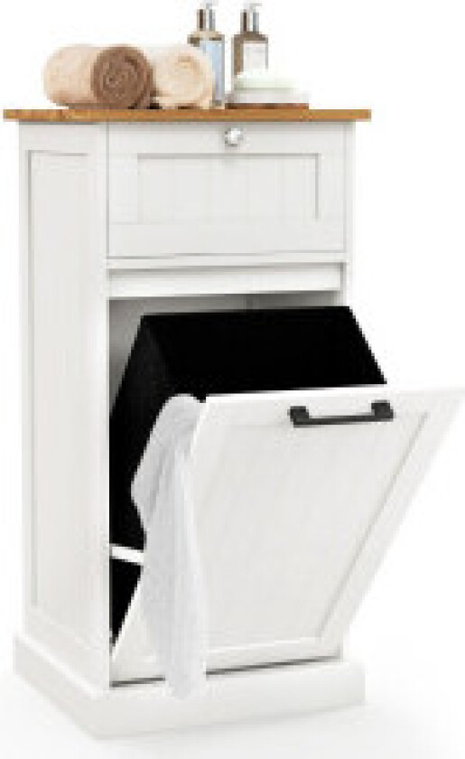 Vaskeskap med kurv frittstående utfellbar skittentøyskurv med skuff hvit