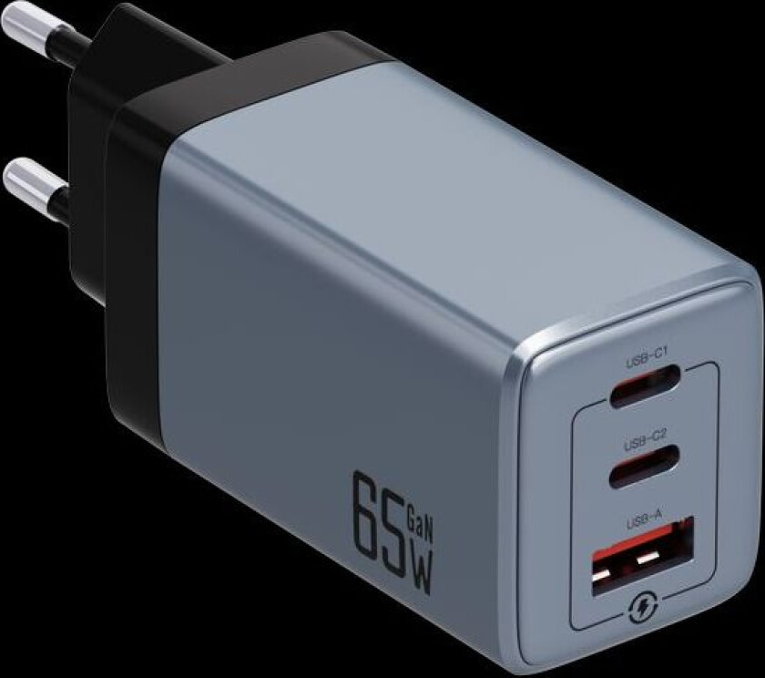 65W GaN Vegglader 2x USB-C/1x USB-A - Svart/Grå