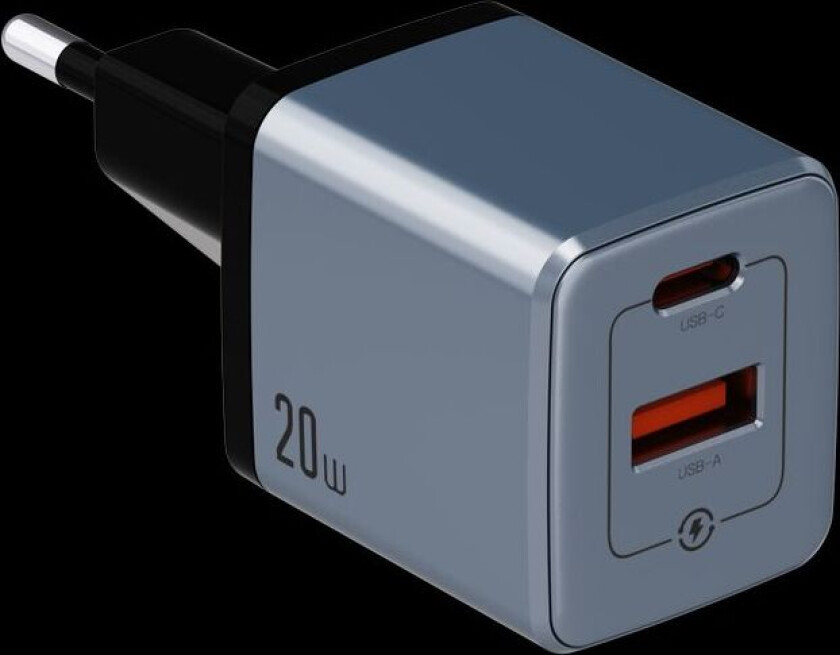20W GaN Vegglader USB-C/USB-A - Svart/Grå