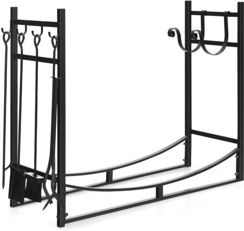 Robust vedstativ og verktøysett med opptenningsholdere og spade 91x33x76cm svart