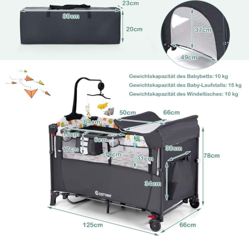 5-i-1 konvertibel babyseng med stellebord og oppbevaringspose grå