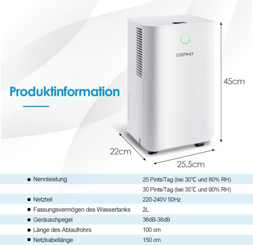 15㎡ Avfukter 15L Avfukter med 3 Modus Mobil Avfukter 25,5 x 22 x 45 cm Hvit