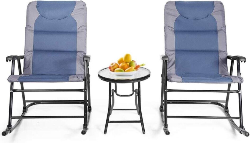 3-delt sammenleggbar bistrosett utendørs gyngestoler med bord blå + grå