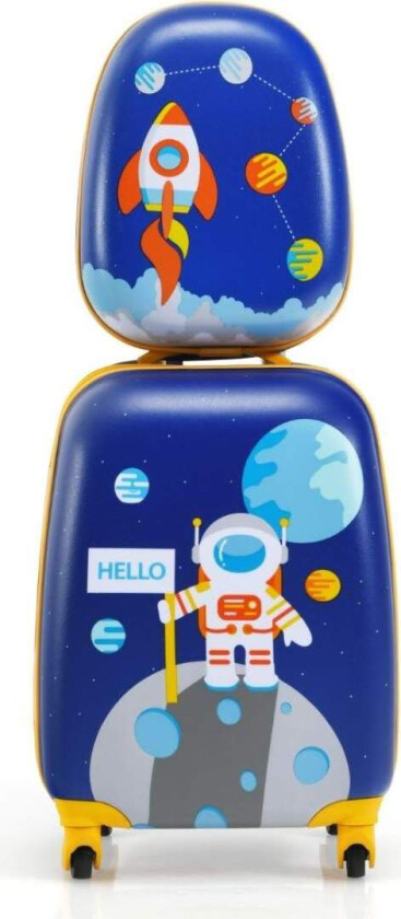2-delt barnekoffertsett med ryggsekk i astronautmønster og koffert 27 x 20 x 43 cm mørkeblå