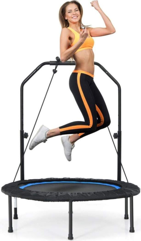 Bilde av Ø101 cm trampoline med 2 motstandsbånd mini trampoline med høydejusterbart håndtak svart + blå