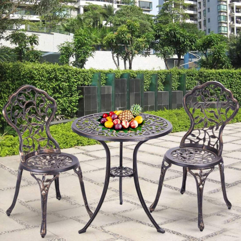 3-delt antikk støpt aluminium bistrosett balkongsett sittegruppe hagebord med 2 stoler sort