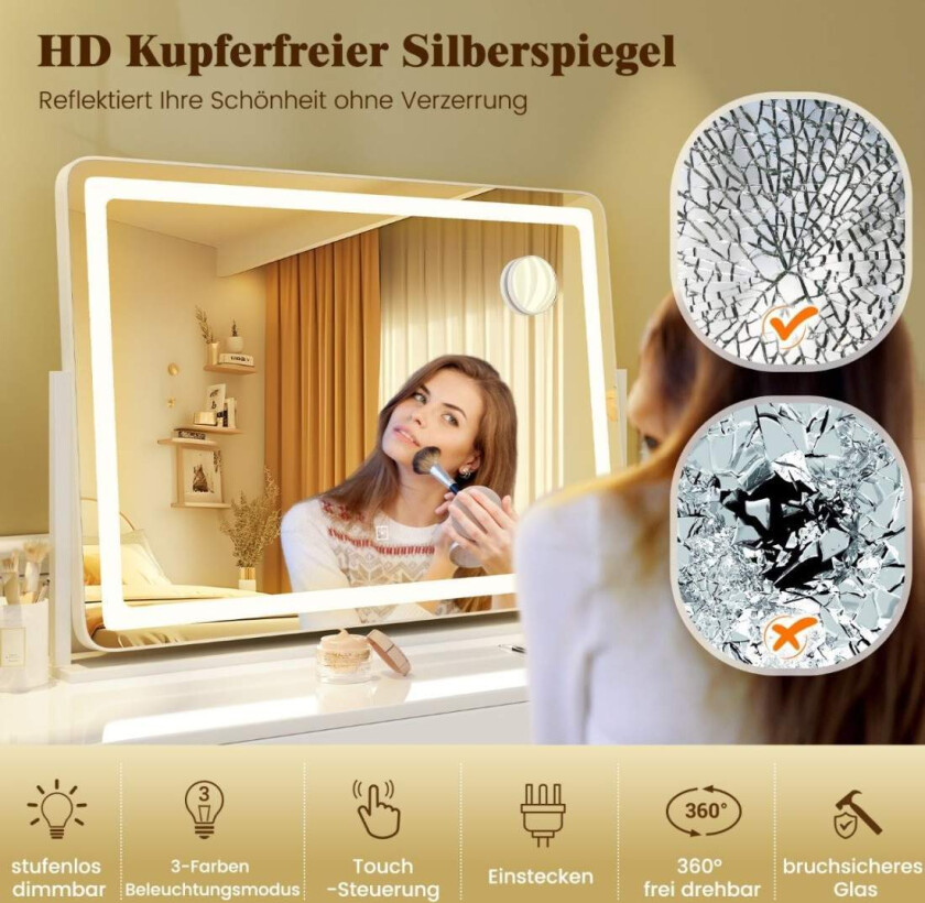 Bilde av Sminkespeil med belysning, stort kosmetikkspeil med 10X forstørrelse, hvitt