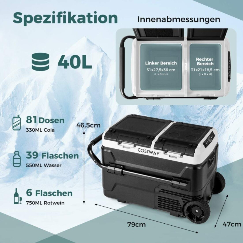 Bilde av 12V bilkjøleskap med 2 kjølesoner 40L bærbar fryser med kompressor (-20℃~20℃)
