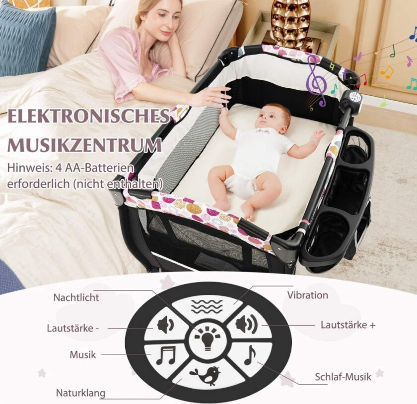 4 i 1 reiseseng med madrass sammenleggbar sideseng med justerbar himmelsirkel