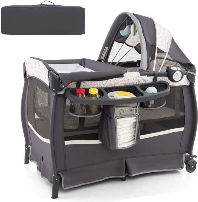 4 i 1 reiseseng med madrass sammenleggbar sideseng med justerbare baldakinblomster