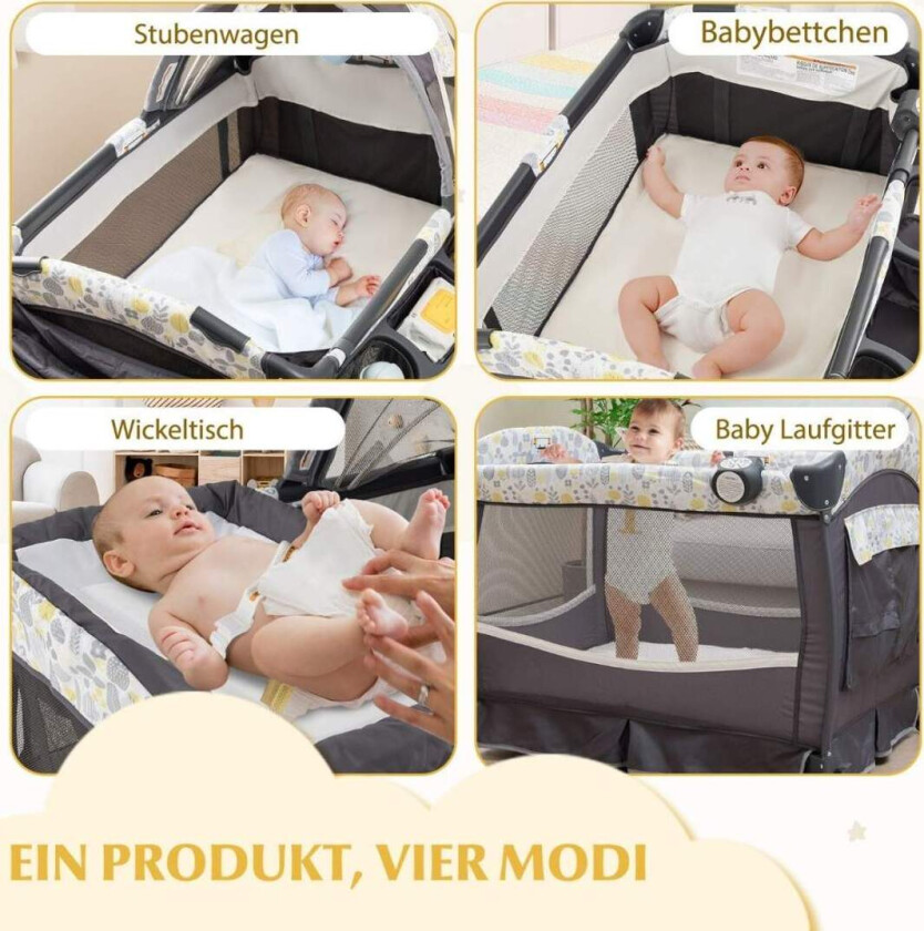 4 i 1 reiseseng med madrass sammenleggbar sideseng med justerbare baldakinblader