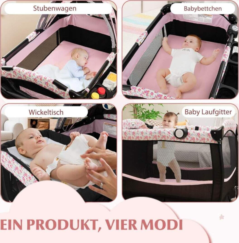 4 i 1 reiseseng med madrass sammenleggbar sideseng med justerbare baldakin rosa blomster