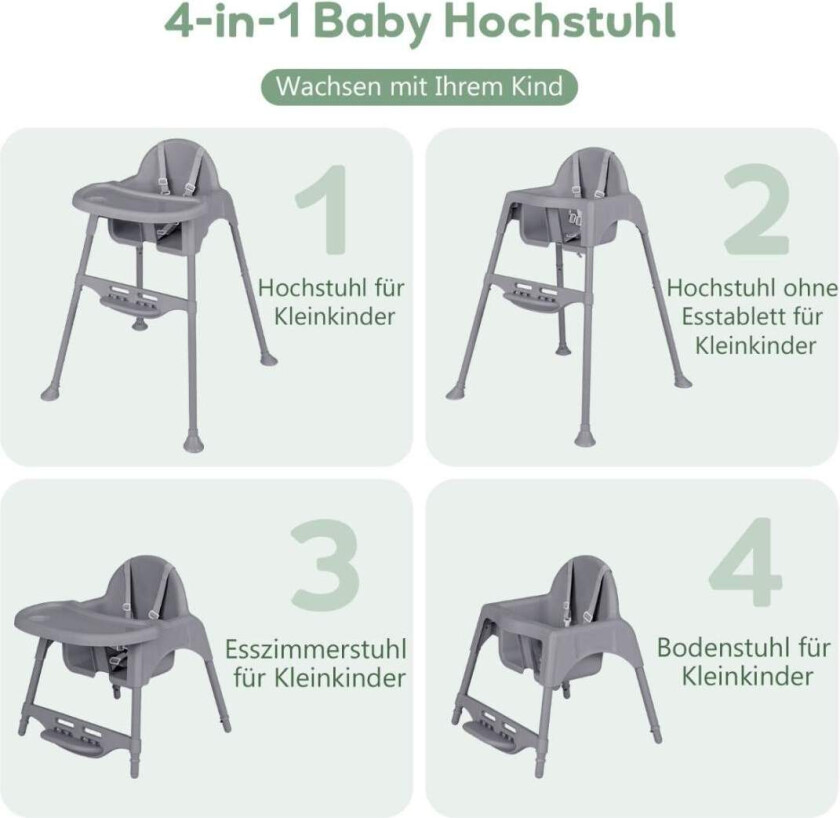4 i 1 barnestol barnestol med avtakbart brett barnestol grå
