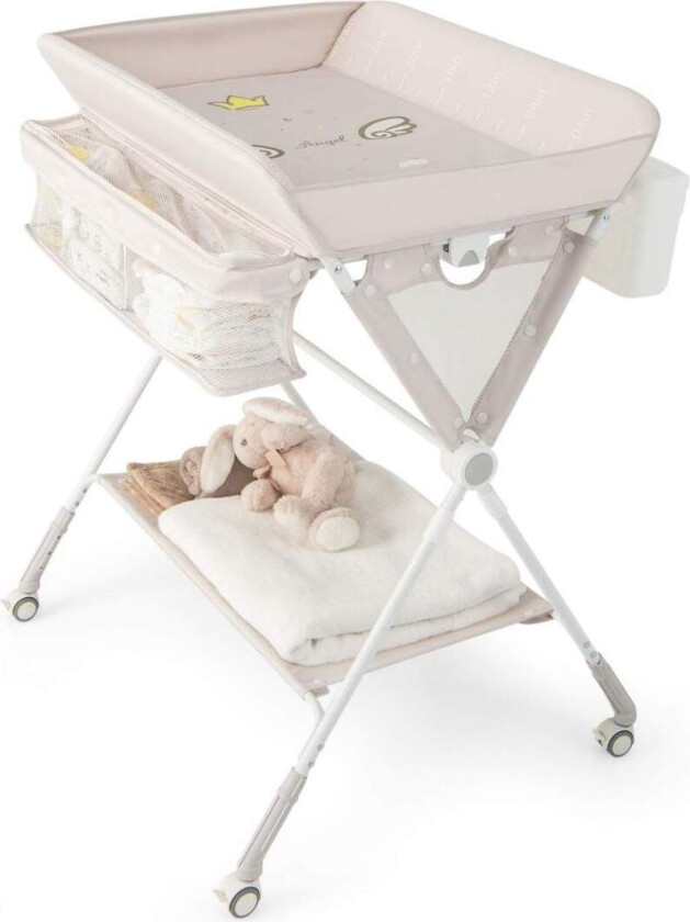 3 i 1 sammenleggbart stellebord med hjul og amp Søppelbøtte Mobil Stellebord Stellestasjon Beige