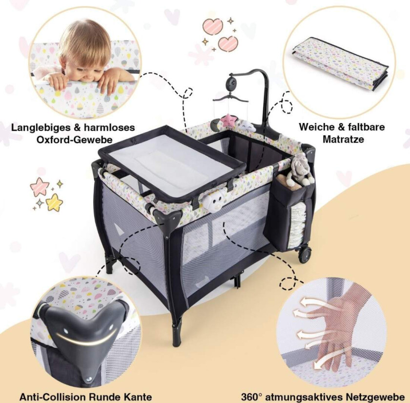 3 i 1 sammenleggbar sideseng reiseseng med madrass hengende spilleboks fargerike