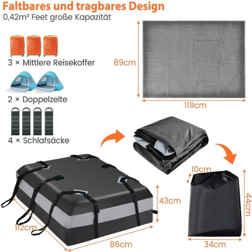 420 L takboks for bil med kombinasjonslås og 6 dørs kroker og antisklimatte Vanntett takboks grå