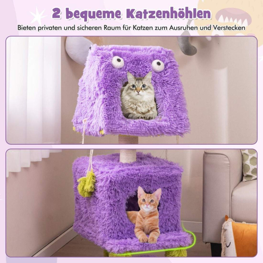 Kattskrapestolpe Liten 111 cm monstertema kattetre med 2 kattehuler og avtagbar topp lilla