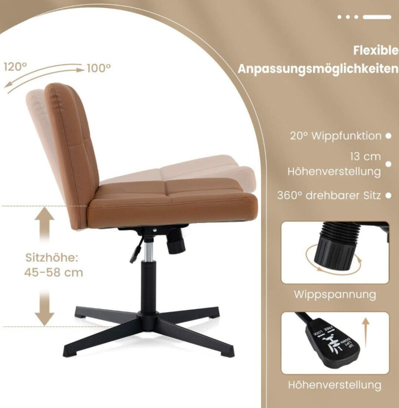 Kontorstol uten armlener Skrivebordsstol med bredt sete & Rocker funksjon imitert skinn for hjemmekontor brun