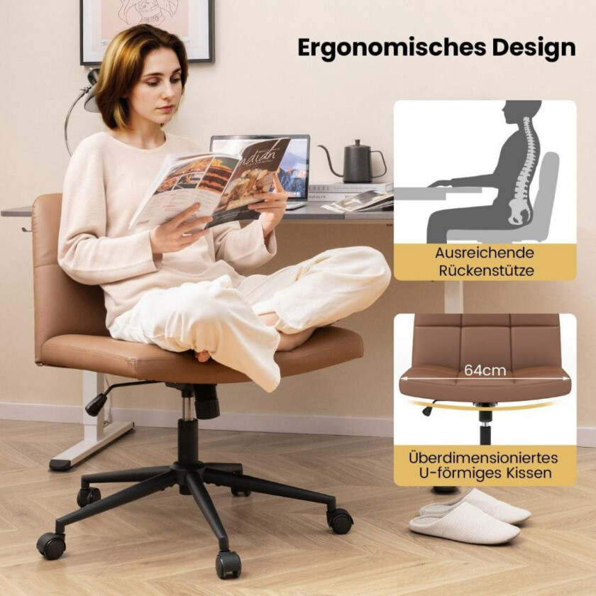 Kontorstol uten armlener Skrivebordsstol med bredt sete 360° roterende kunstskinn til hjemmekontor Brun