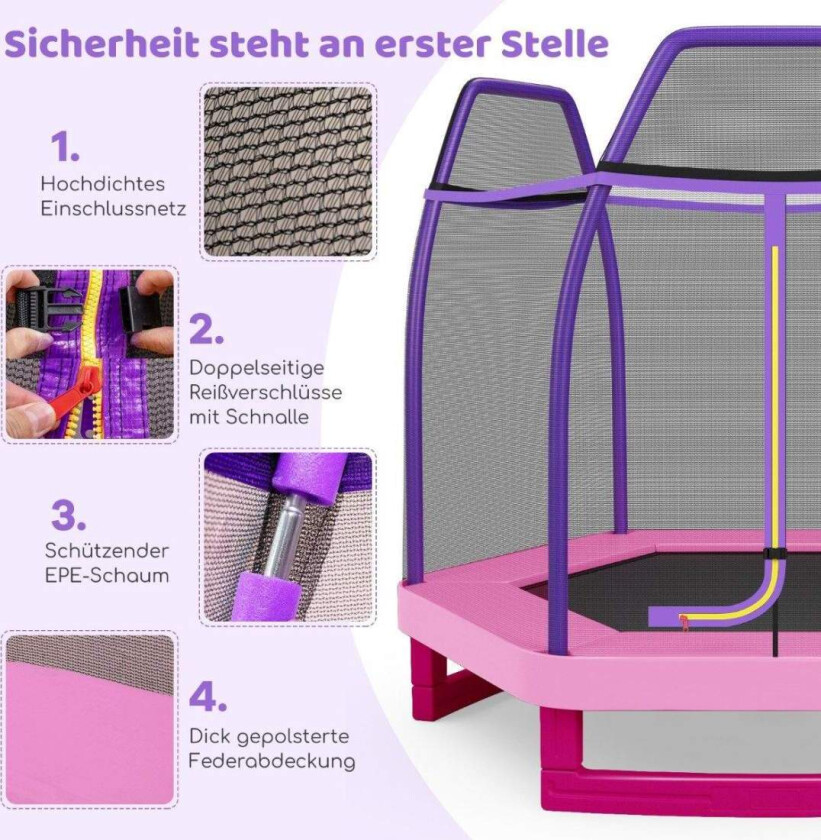 Bilde av Ø223cm hagetrampolin med sikkerhetsnett innendørs/utendørs trampoline for barn rosa