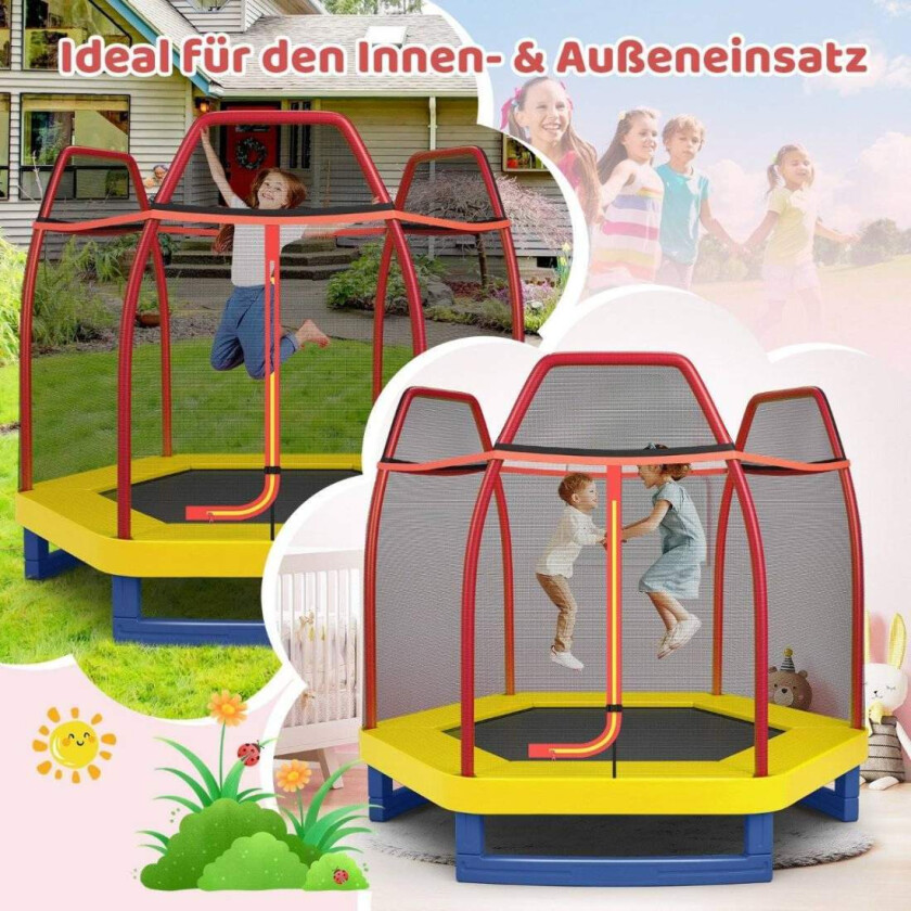 Bilde av Ø223cm hagetrampolin med sikkerhetsnett innendørs/utendørs trampoline for barn oransje