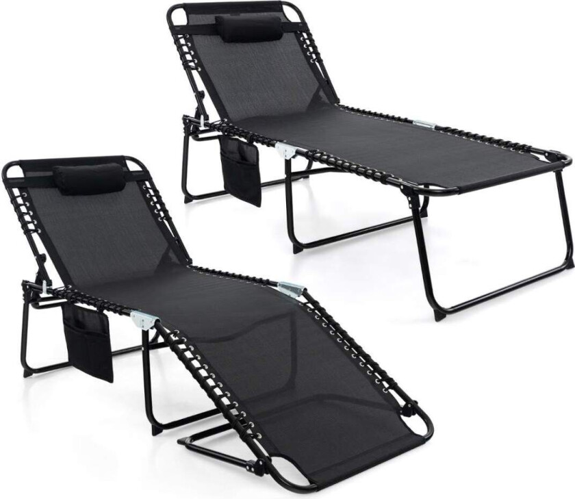 Sammenleggbar solseng med nakkestøtte & Sidelomme & Justerbar ryggstøtte hagestol svart