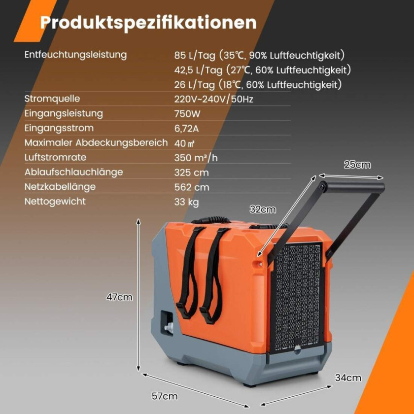 85 L/dag avfukter konstruksjonstørker med pumpe og avløpsslange industriell tørkeenhet med 24H timer oransje + grå